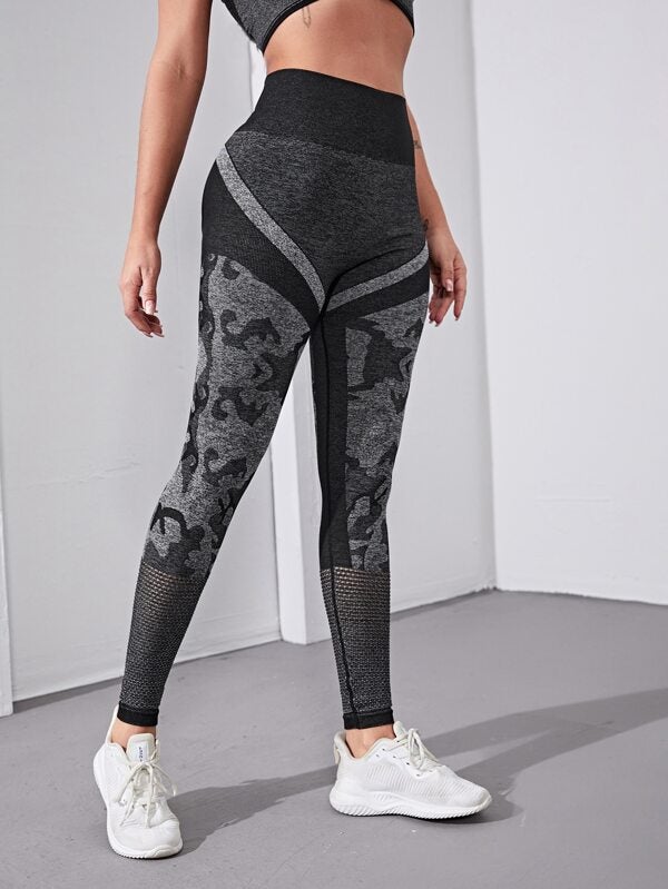 Graphic Print Hallow Out Wide Band Waist Sports Leggings