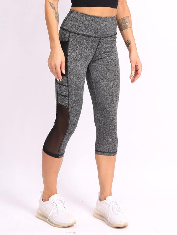 Contrast Mesh Capris Sports Leggings With Phone Pocket