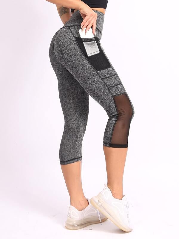 Contrast Mesh Capris Sports Leggings With Phone Pocket