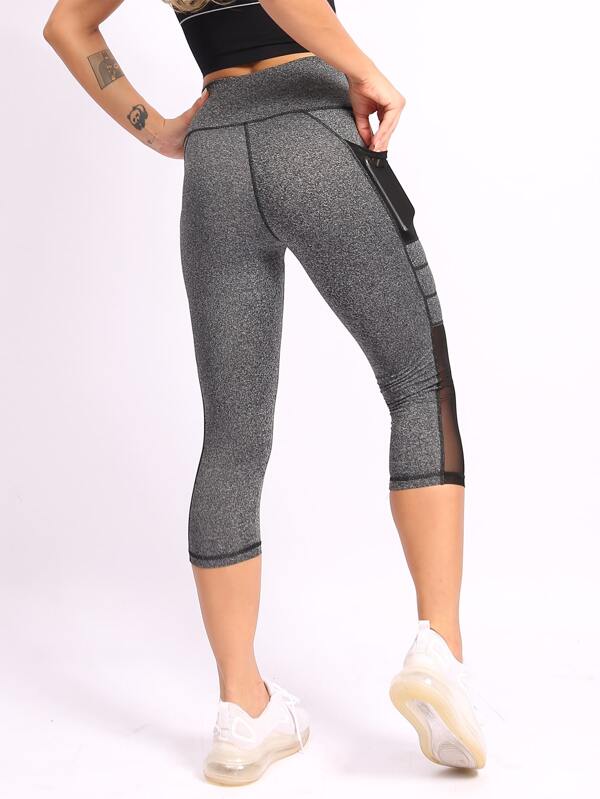 Contrast Mesh Capris Sports Leggings With Phone Pocket