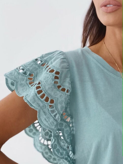 Fashion Solid Color Lace Short Sleeve Blouses