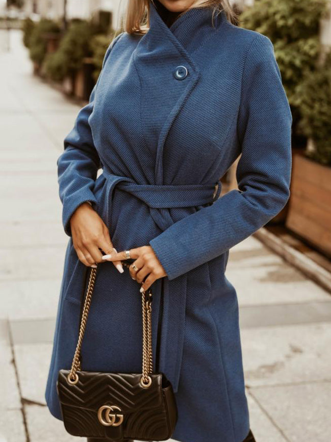 Women's Coats Fashion Belted Long Sleeve Long Woolen Coat