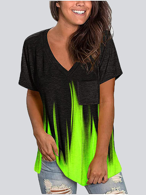 Casual Gradient Color  V Neck Short Sleeve T-shirts