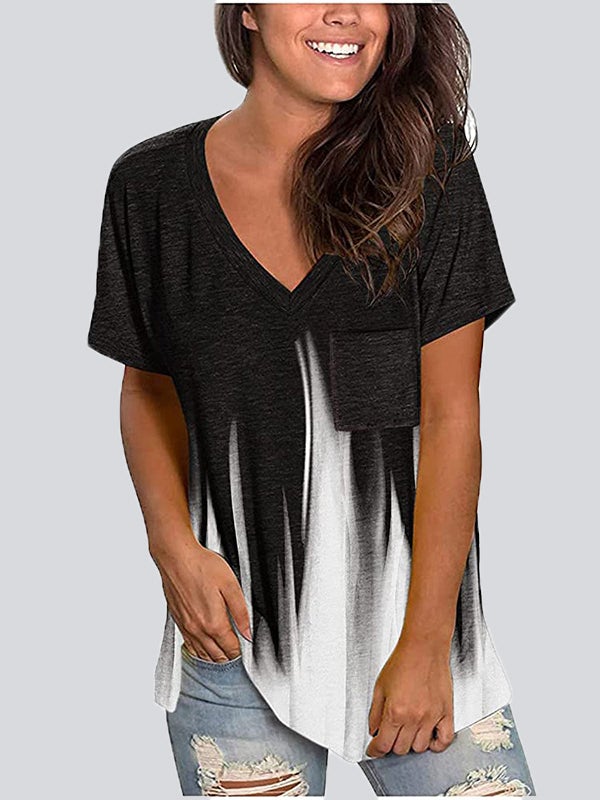 Casual Gradient Color  V Neck Short Sleeve T-shirts