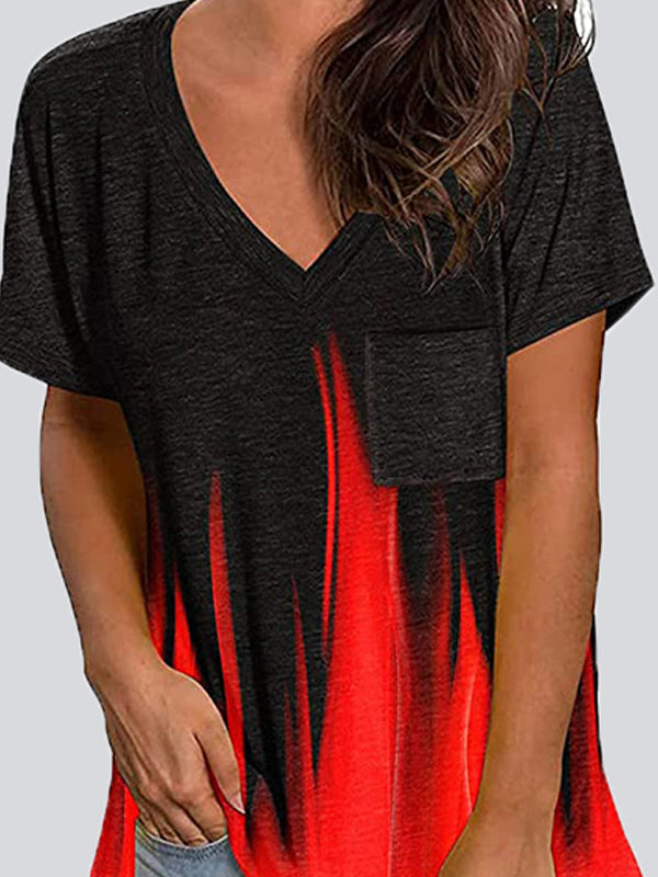 Casual Gradient Color  V Neck Short Sleeve T-shirts