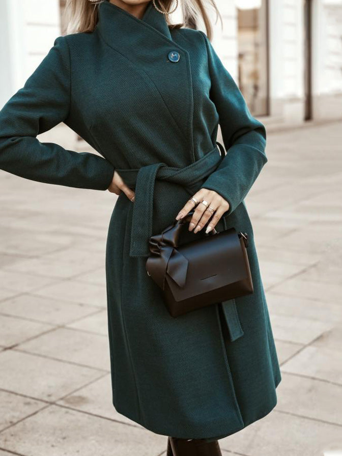 Women's Coats Fashion Belted Long Sleeve Long Woolen Coat