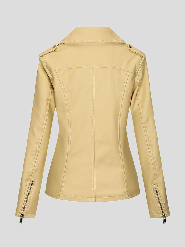 Women's Jackets Temperament Slim Zipper Lapel Pu Leather Jacket