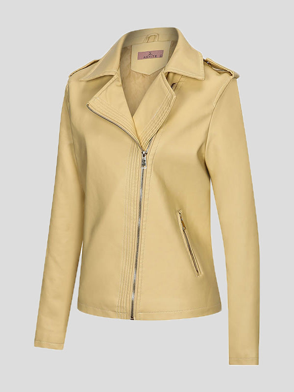 Women's Jackets Temperament Slim Zipper Lapel Pu Leather Jacket