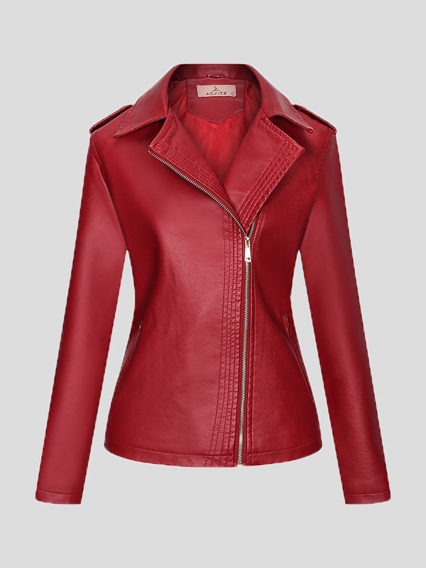 Women's Jackets Temperament Slim Zipper Lapel Pu Leather Jacket