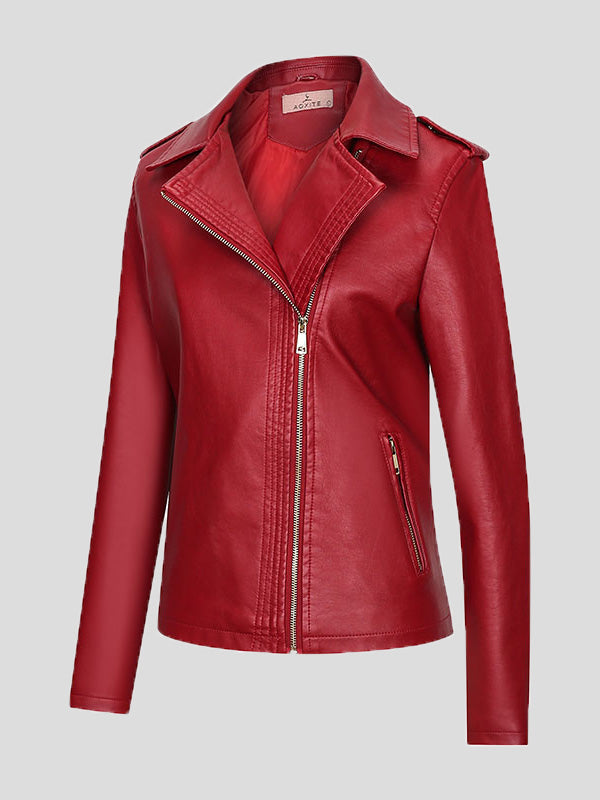 Women's Jackets Temperament Slim Zipper Lapel Pu Leather Jacket