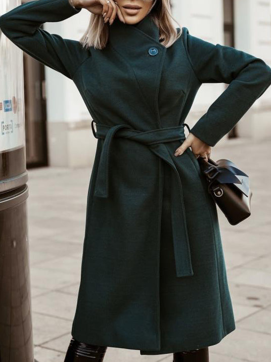 Women's Coats Fashion Belted Long Sleeve Long Woolen Coat