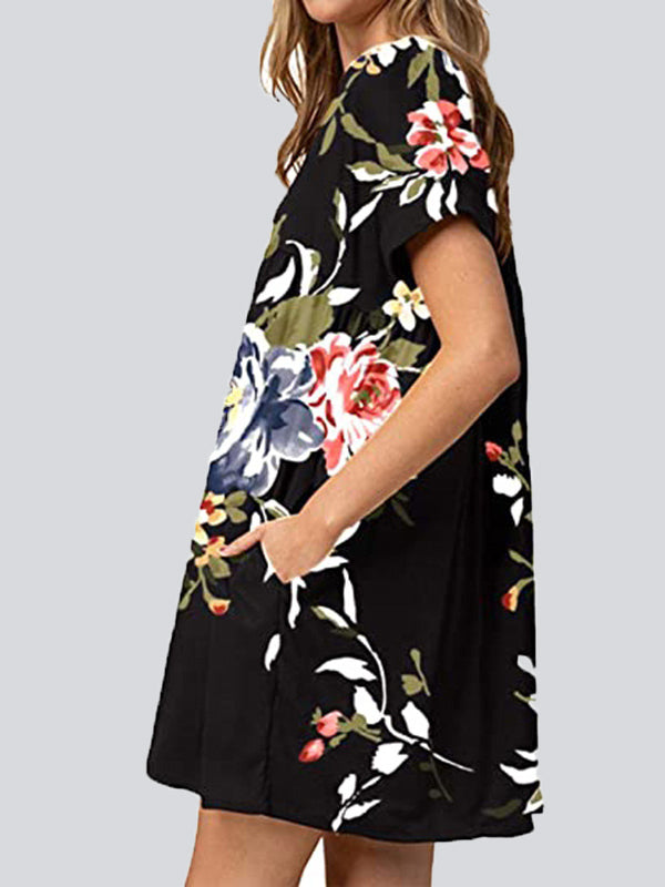 Fashion Print V Neck Short Sleeve Mini Dresses