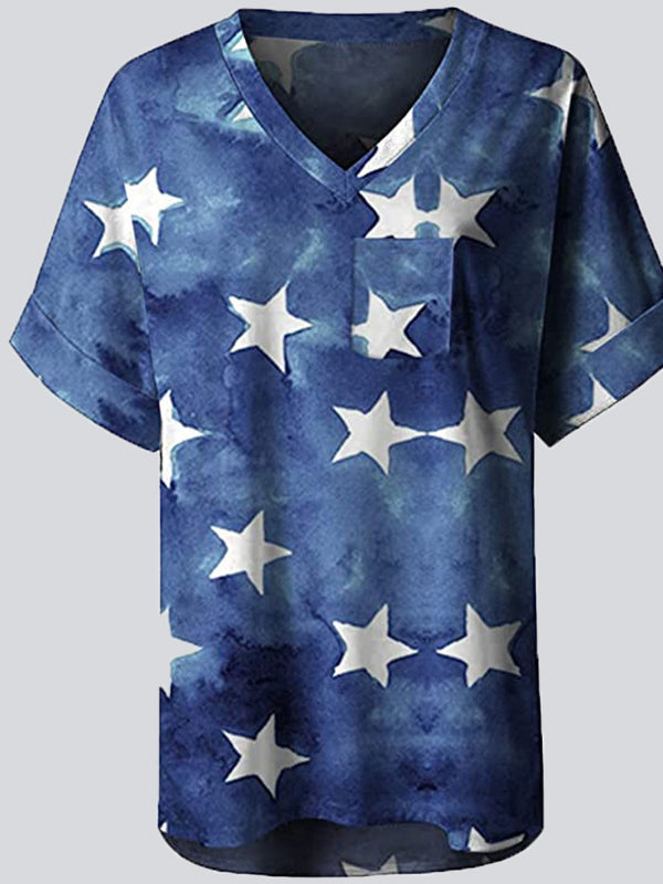 Casual Print V Neck Short Sleeve T-shirt