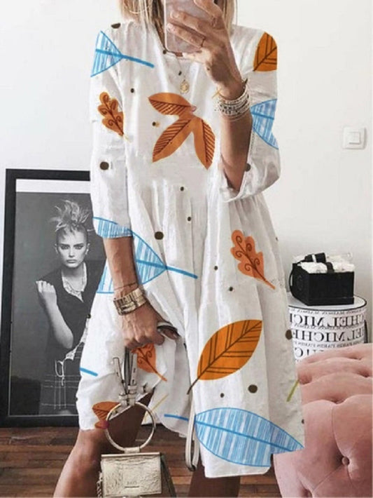 3/4 Sleeve Leaf Print High Waist Midi Dress - Midi Dresses - INS | Online Fashion Free Shipping Clothing, Dresses, Tops, Shoes - 20-30 - Category_Midi Dresses - color-blue