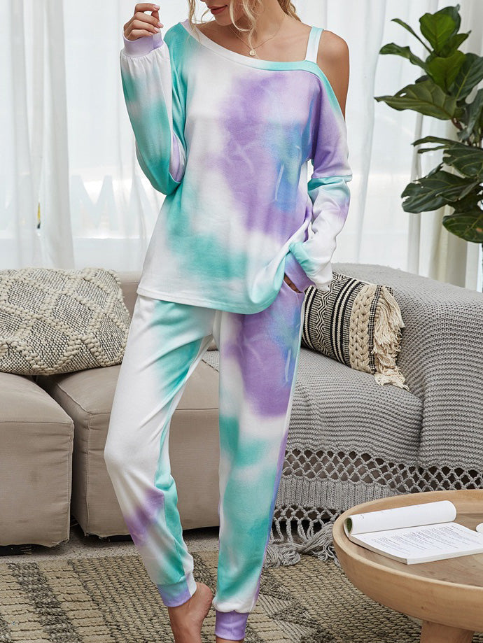 Women's Set Long Sleeve Round Neck Strapless Tie-Dye Two-Piece Suit