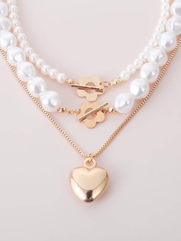 3pcs Faux Pearl Heart Decor Necklace - INS | Online Fashion Free Shipping Clothing, Dresses, Tops, Shoes