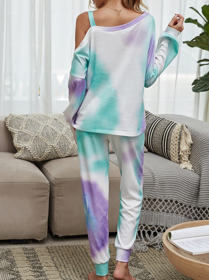 Women's Set Long Sleeve Round Neck Strapless Tie-Dye Two-Piece Suit