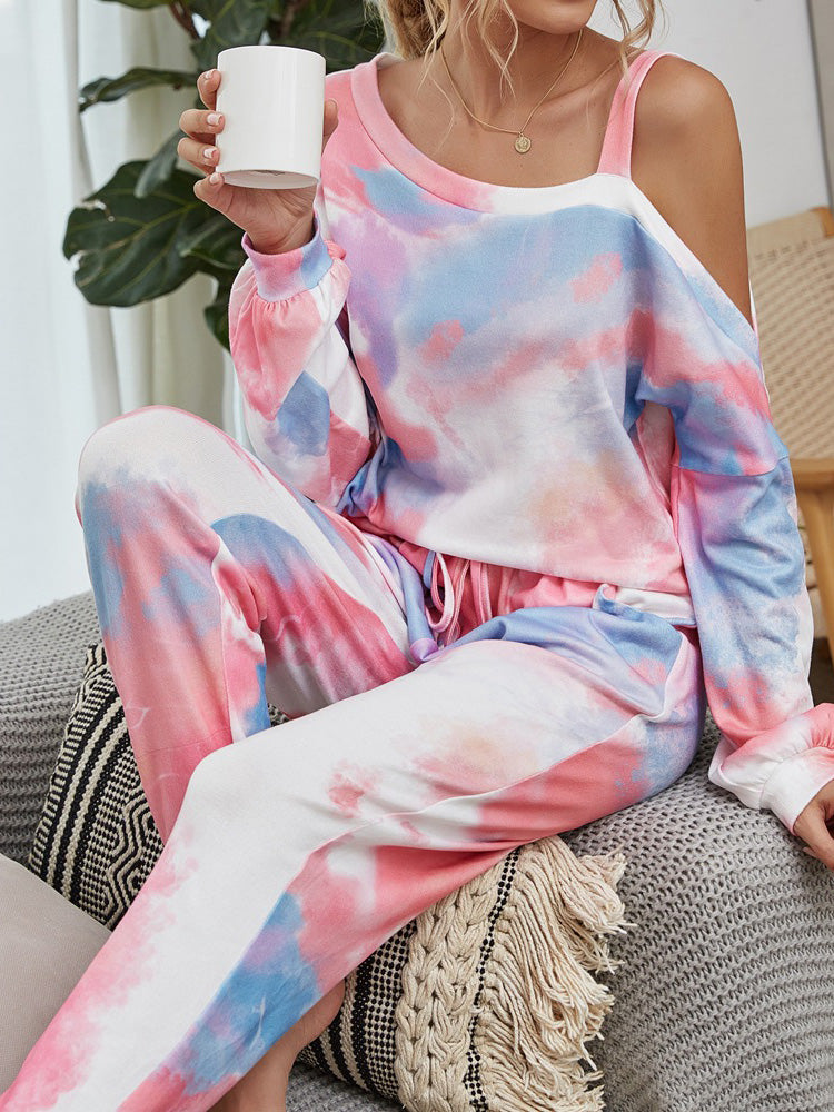 Women's Set Long Sleeve Round Neck Strapless Tie-Dye Two-Piece Suit