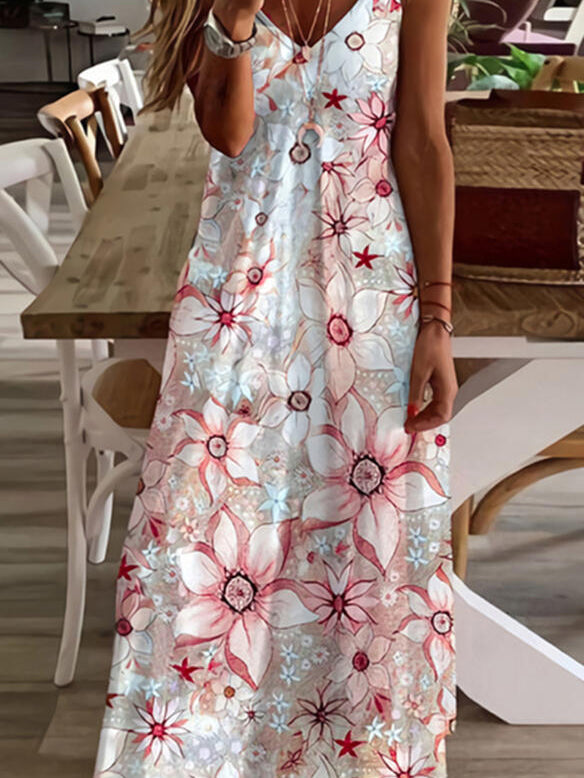V Neck Floral Print Loose Maxi Dress