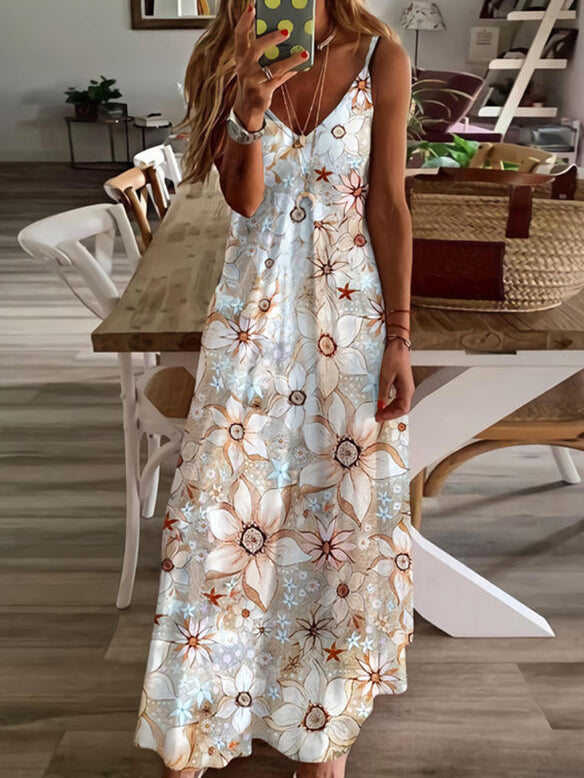 V Neck Floral Print Loose Maxi Dress