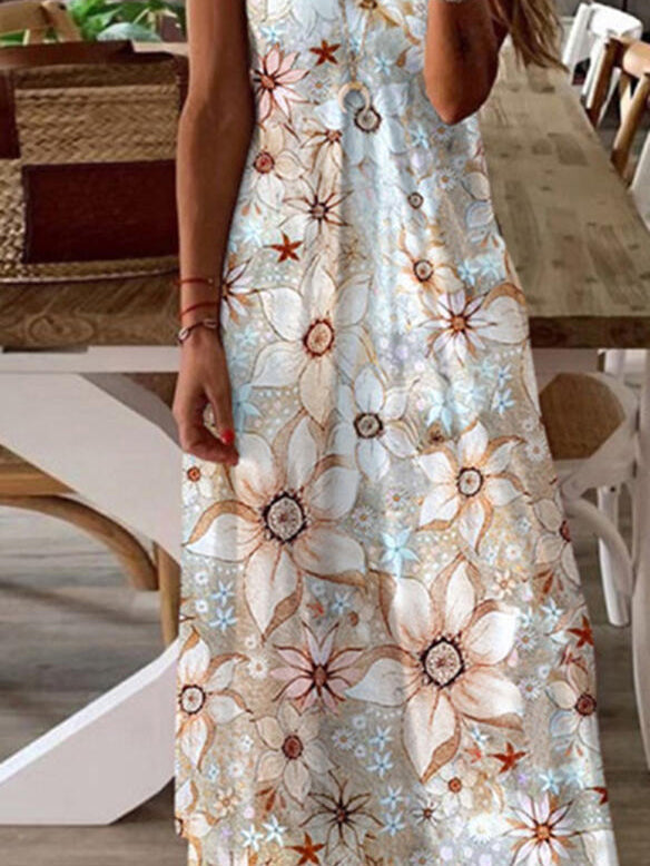 V Neck Floral Print Loose Maxi Dress