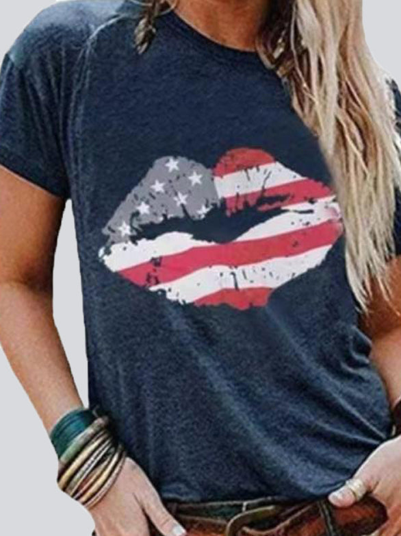 Lip Print Round Neck Short Sleeve T-shirt