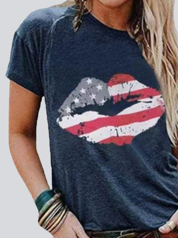 Lip Print Round Neck Short Sleeve T-shirt