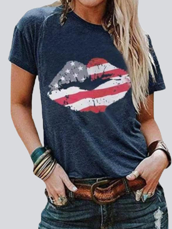 Lip Print Round Neck Short Sleeve T-shirt