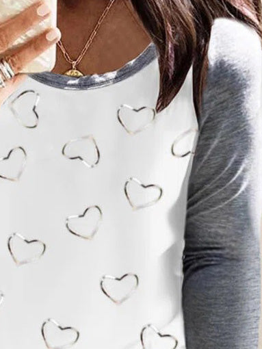 Women's T-Shirts Heart Print Crew Neck Long Sleeve T-Shirt