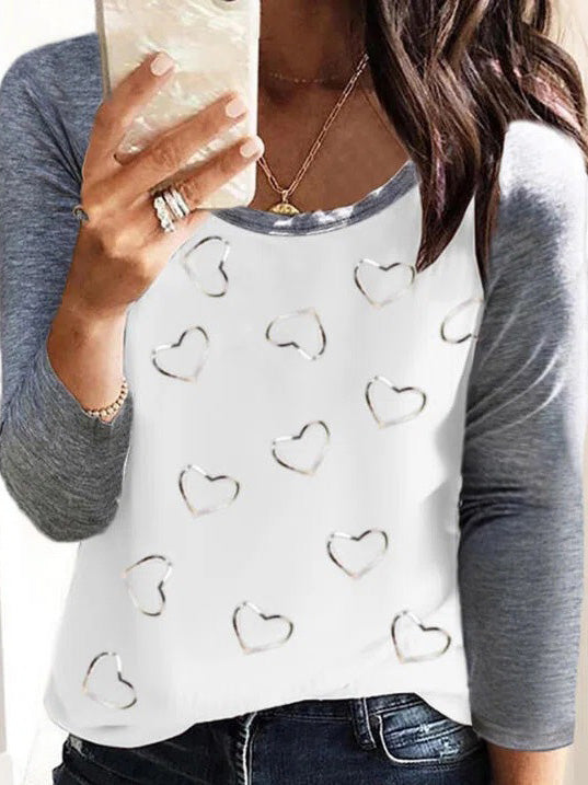 Women's T-Shirts Heart Print Crew Neck Long Sleeve T-Shirt