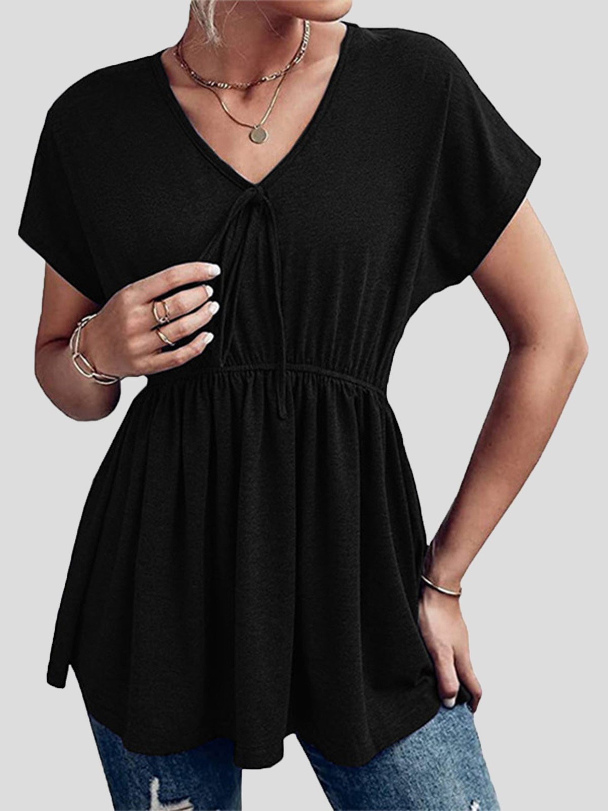 Women's T-Shirts Loose V-Neck Gathered Short Sleeve T-Shirt