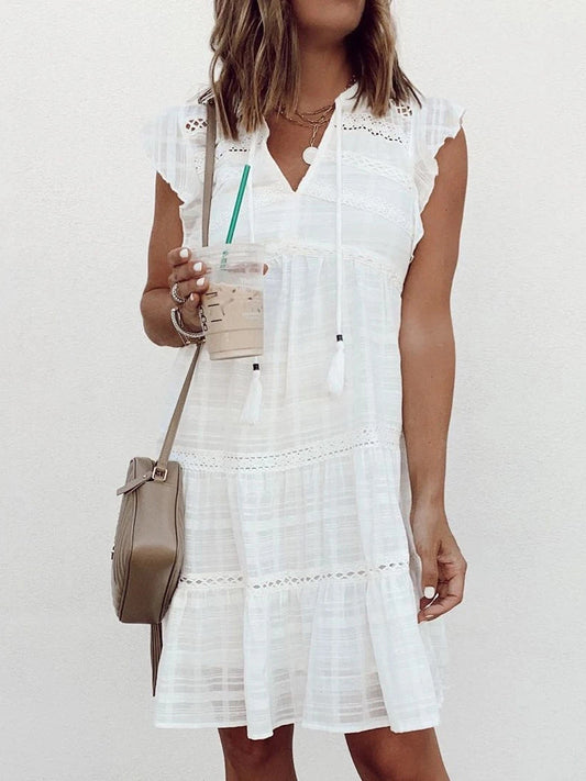 Fringed V-neck Ruffle Sleeve Dress