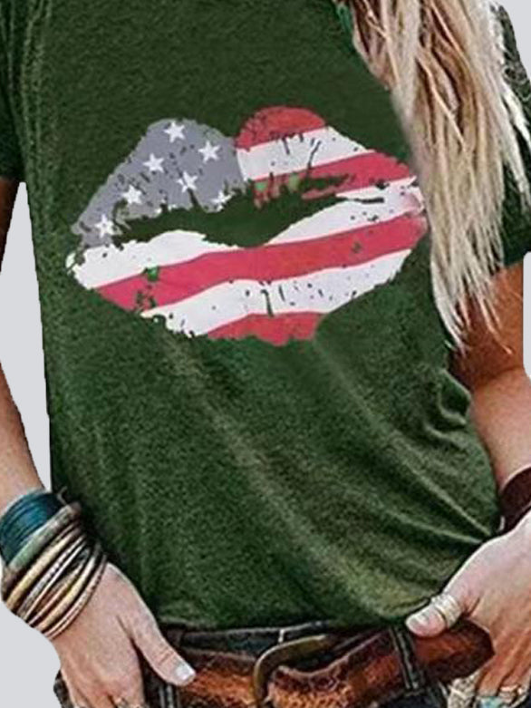 Lip Print Round Neck Short Sleeve T-shirt