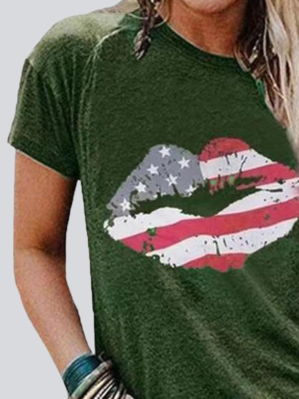 Lip Print Round Neck Short Sleeve T-shirt