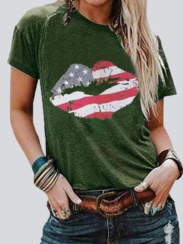 Lip Print Round Neck Short Sleeve T-shirt