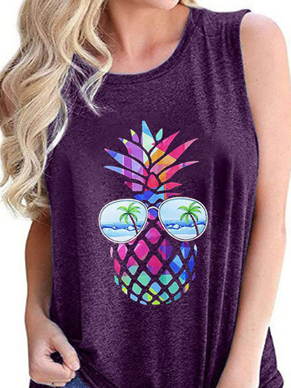 Colorful Pineapple Print Round Neck Sleeveless Tanks Top