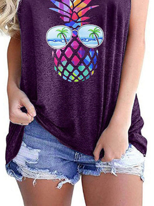 Colorful Pineapple Print Round Neck Sleeveless Tanks Top