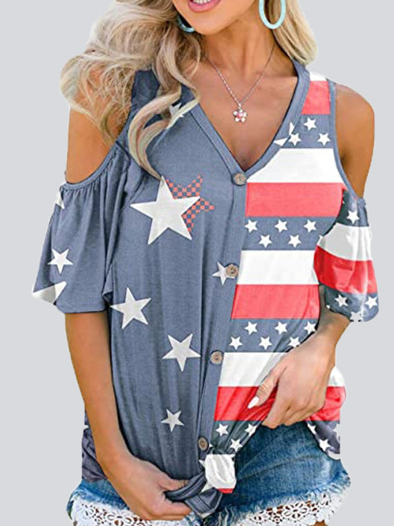 Casual Star Stripe Off-shoulder Button Top T-shirt