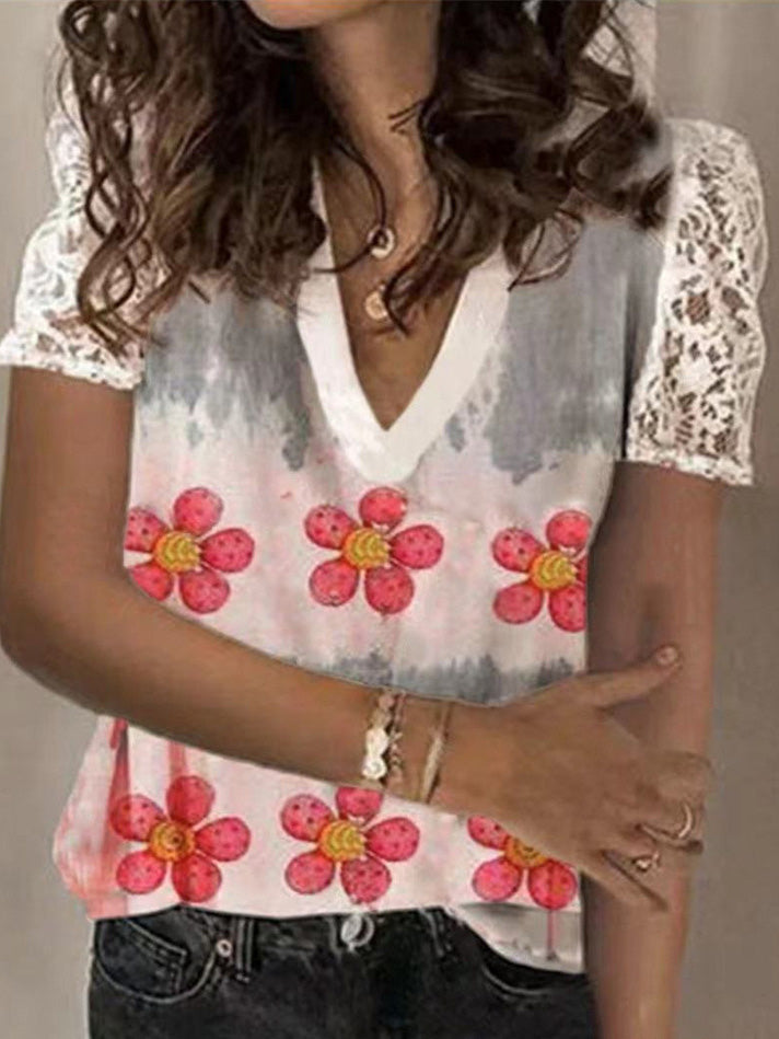 Women's T-Shirts Loose V-Neck Floral Print Lace Short Sleeve T-Shirt