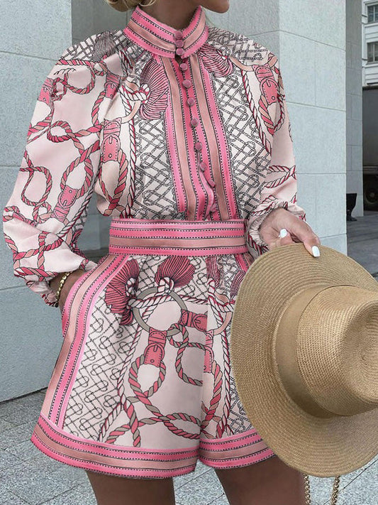 Women's Sets Printed Long Sleeve Top & Shorts Two-Piece Set