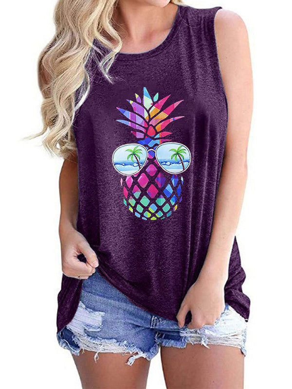 Colorful Pineapple Print Round Neck Sleeveless Tanks Top