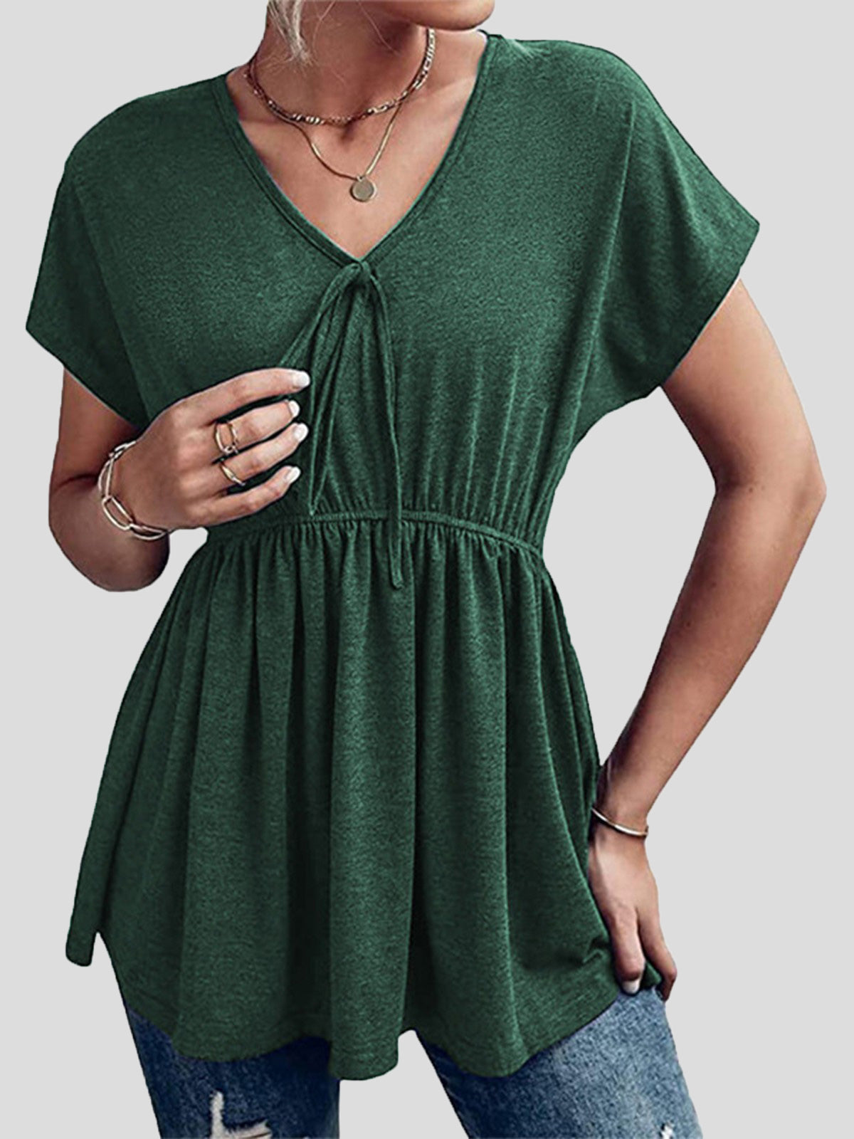 Women's T-Shirts Loose V-Neck Gathered Short Sleeve T-Shirt