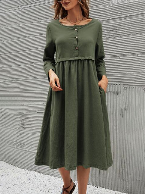 Women's Dresses Round Neck Button Pocket Mid-Sleeve Solid Dress