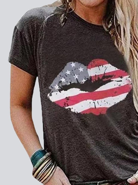 Lip Print Round Neck Short Sleeve T-shirt