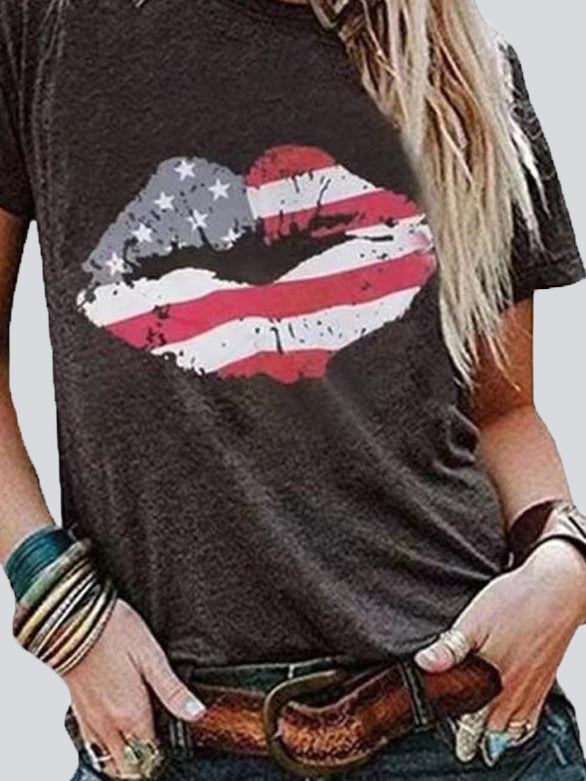 Lip Print Round Neck Short Sleeve T-shirt