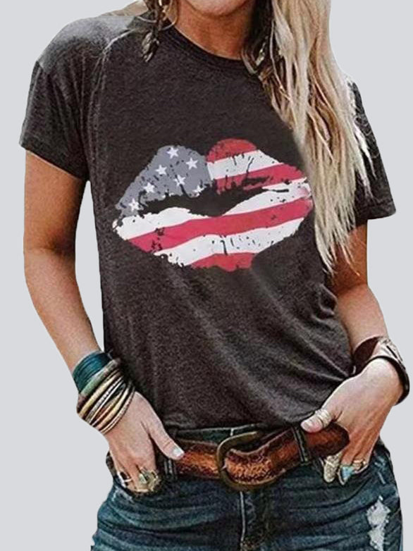 Lip Print Round Neck Short Sleeve T-shirt