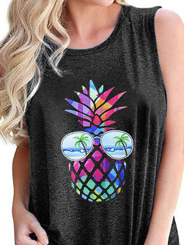 Colorful Pineapple Print Round Neck Sleeveless Tanks Top