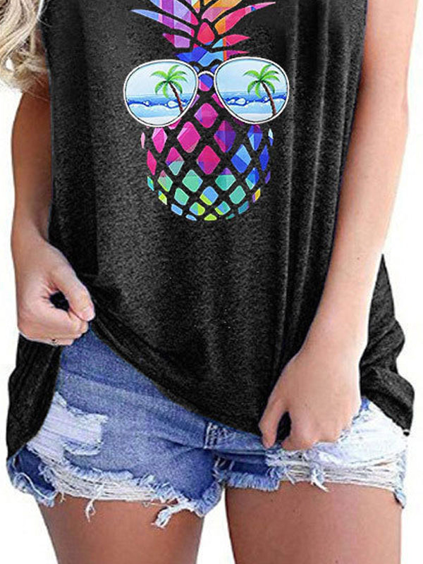 Colorful Pineapple Print Round Neck Sleeveless Tanks Top