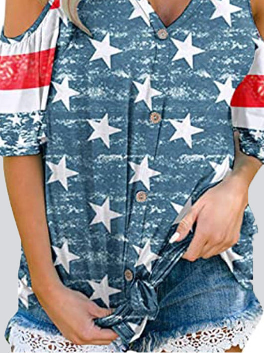 Casual Star Stripe Off-shoulder Button Top T-shirt