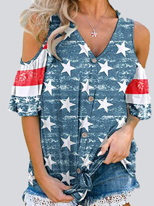 Casual Star Stripe Off-shoulder Button Top T-shirt